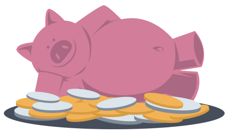 Happy pig laying on money